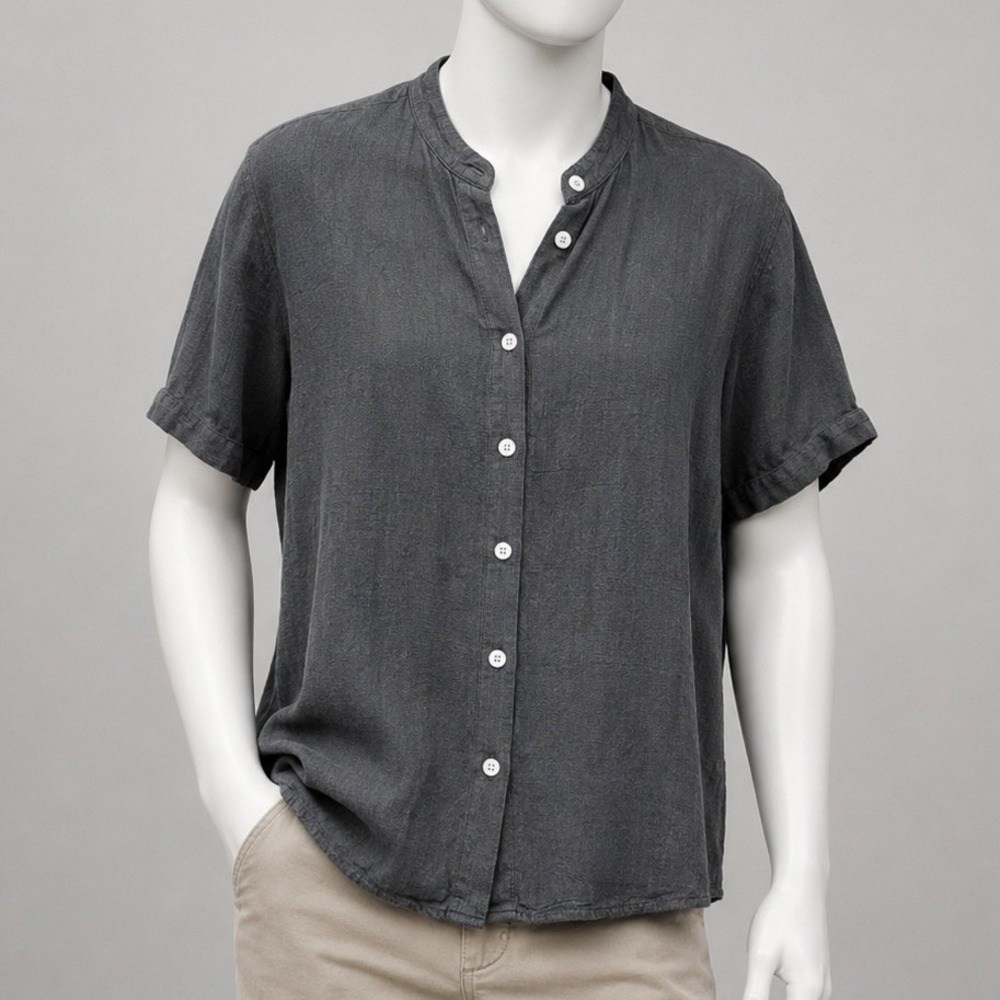 Unbranded Mens Shirt Charcoal Gray Linen Blend Band Collar Casual Small